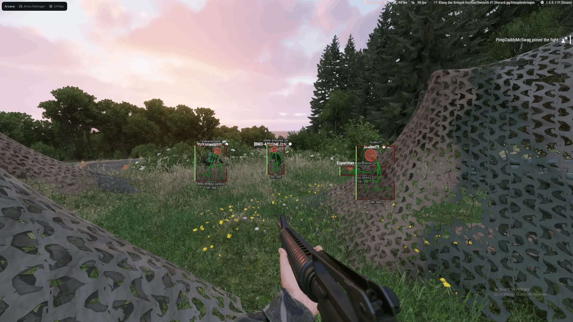 Arma Reforger ESP in action: cornered boxes, skeletons and name tags on players across an Everon field