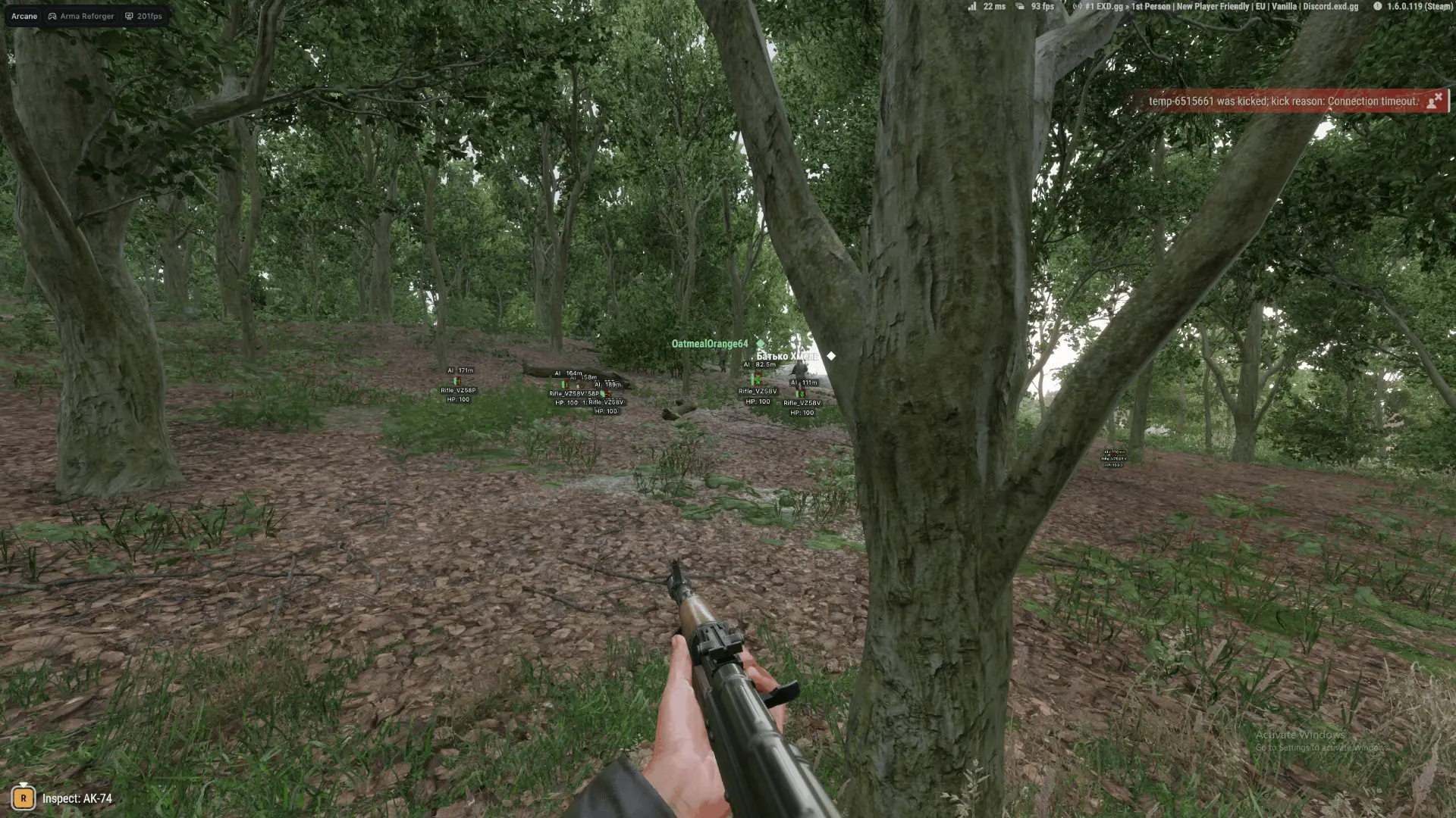 Distance ESP tagging AI and players through the trees on a forested hillside