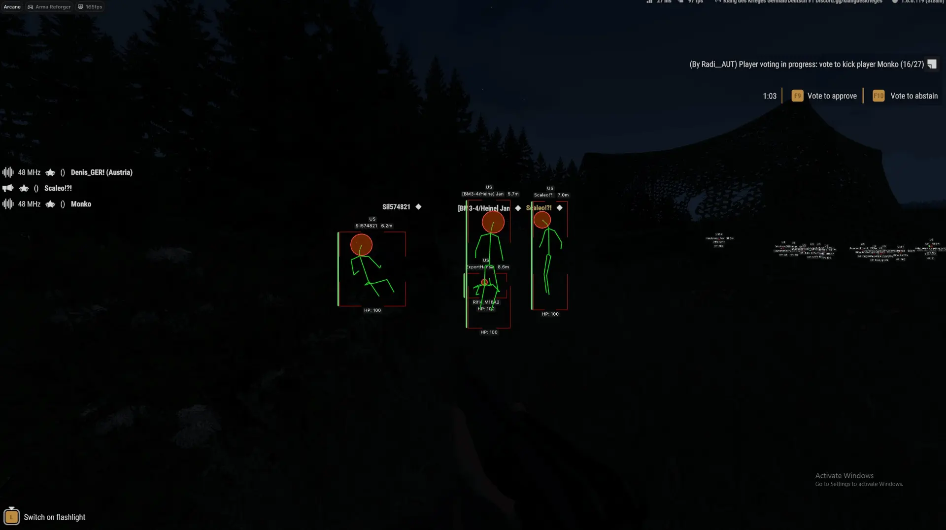 Night ESP: skeletons, corner brackets and distance tags on players in a dark forest